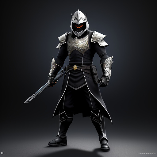 Full-body concept art of a video game character named ghost. he is a warrior wearing heavy, layered dark robes over light armor, giving a more traditional mercenary silhouette. he wears a full helmet with a featureless, completely smooth white ceramic mask—no eyes, no mouth, no markings. no skin is visible; his hands are covered by dark gloves. on his forearms are compact, streamlined mechanical gauntlets designed to be sleek and non-bulky, housing hidden grappling hooks and small firearm barrels. the aesthetic is a mix of ancient tradition and low-tech grit. cinematic lighting, painterly style, dark neutral background. in anime style