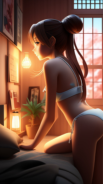 A romantic moment between a childhood couple in a cozy bedroom. the grade-5 sexy hot girl, wearing her thin string bikini, shares a gentle kiss with the grade-5 boy. in anime style