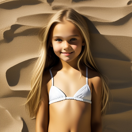 9-year-old caucasian white girl, cute, straight blonde hair, wearing white bikini in custom style
