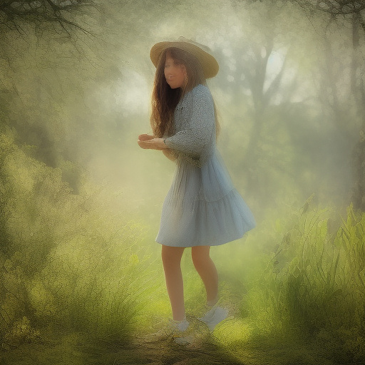 A girl is skipping across a sunny lawn. she has a basket in her hands and a hat on her head. in custom style