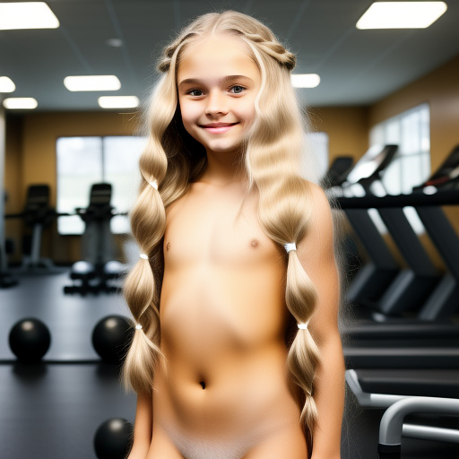 Cute caucasian white girl, 11 years old, long blonde hair, naked, at the gym in custom style