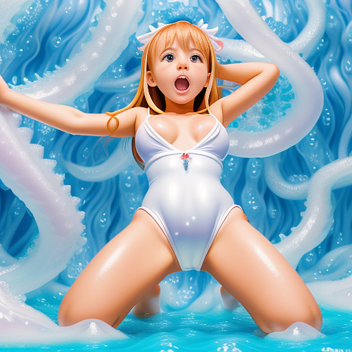 5 year old girl
one piece swimsuit
big boobs
big vagina
covered fully in white slime tentacles
screaming crying
kneeling front view  in anime style
