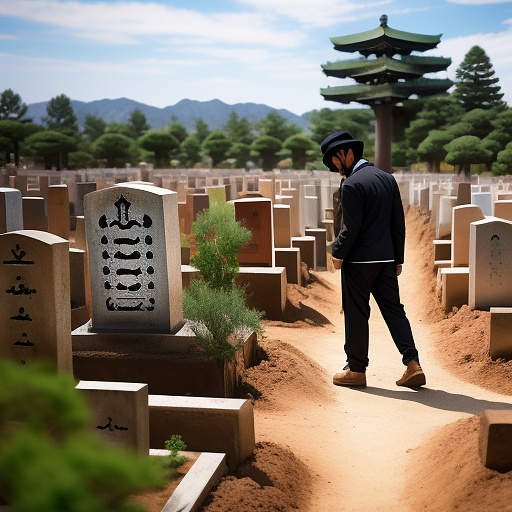 A gravedigger in iran's cemeteries takes a selfie and laughs while covering a grave with dirt. in anime style