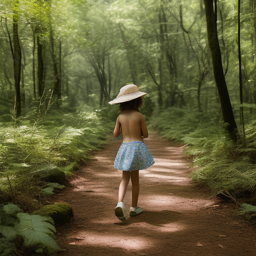 A 9-year-old girl is skipping along a forest path. she has a basket in her hands and a sun hat on her head. she's naked in custom style