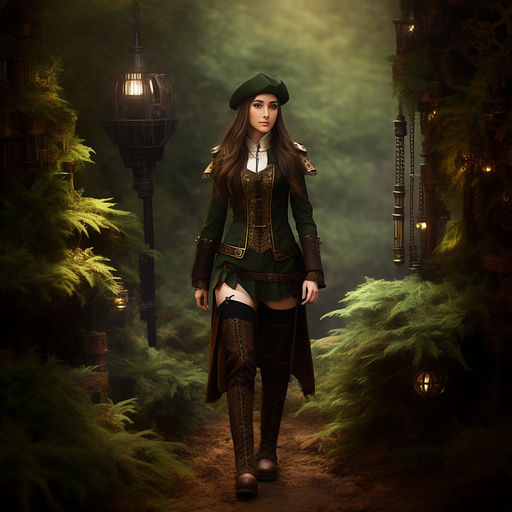 Modest elven fantasy heroine
brown hair
forest ranger
baggy pants
lace up shirt
knee high boots
fantasy guardian in steampunk style