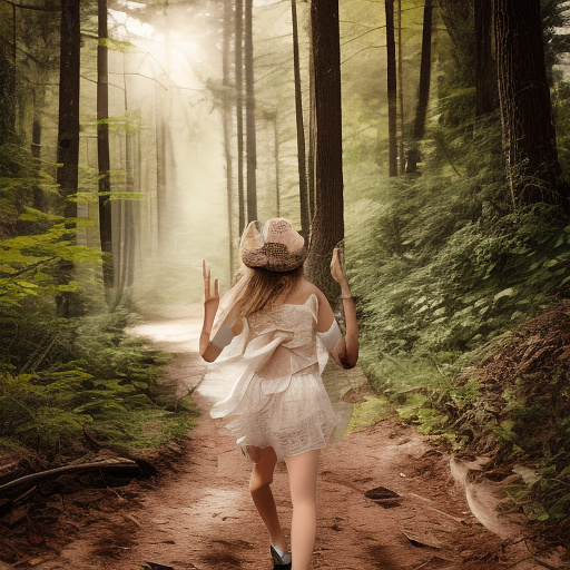 A girl is skipping along a forest path. she has a basket in her hands and a sun hat on her head. in custom style