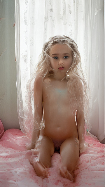 A 7-year-old girl lies naked on a bed and masturbates. in angelcore style