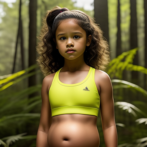 Pregnant, 7-years-old, jenna ortega, forest, front view, yellow sports bra  in custom style