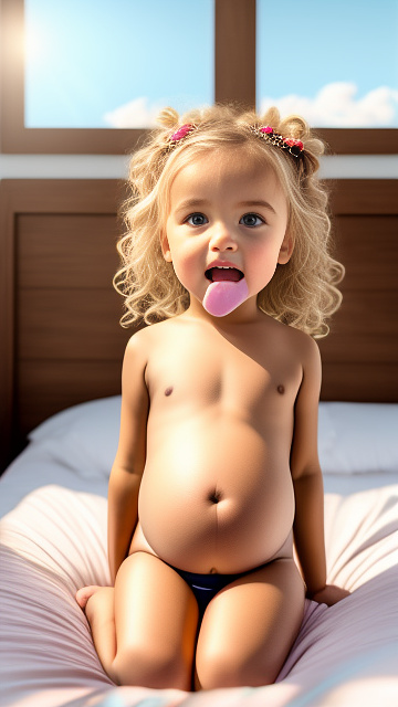Realistic, detailed, 4-year-old blonde girl, pregnant, tan wedding outfit, showing belly, laying in bed, top down full body view, red blush, tan skin, mouth open, milk in mouth  in egypt style