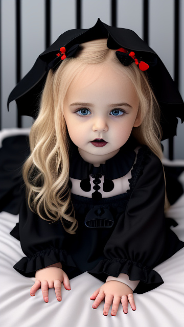 Realistic, detailed, 4-year-old blonde girl, in black dress, pregnant, laying in bed, top down full body view, red blush, right hand on belly, black eyes, black lip  in gothic style