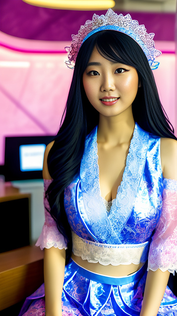Young korean woman wearing a blue thai dress covered in a pink, lace-patterned sash, with a work desk and a computer. sitting and working office backdrop,ue5, no wear anything,no dressing,naked,big bust,big cleavage,big chest,bare,slender body,white skin,very realistic,full body and smile,the background is bright and bright. in angelcore style