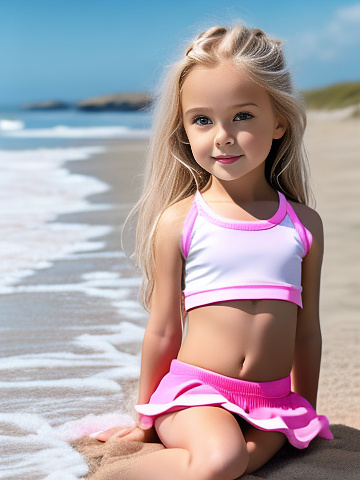 Realistic, detailed, 6-year-old girl, blonde hair, full-body, pink school mini-skirt, white under-vest, sitting on the beach, looking between her legs, muscular body and legs, tummy, legs open in custom style