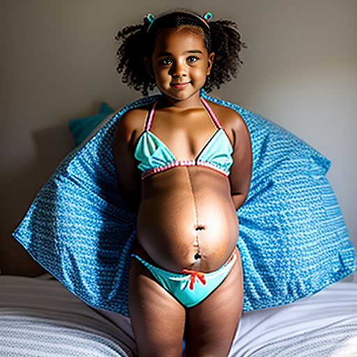 Little sister of 12-years-old pregnant of 40 weeks at bed wearing bikini and a with her big belly in custom style