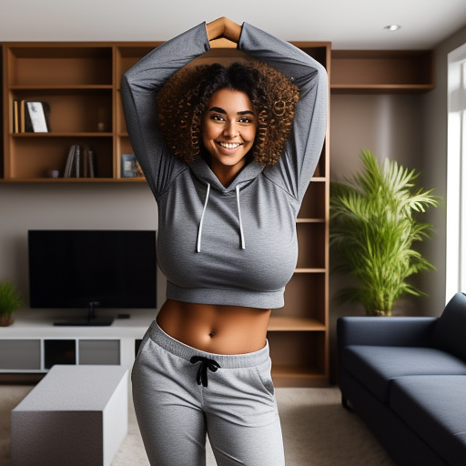 Sexy brunette college student with large boobs and her arms up and curly hair and in a long sleeve cropped hoodie and jeans pants and showing her belly and her legs and standing in the living room and full body picture in custom style