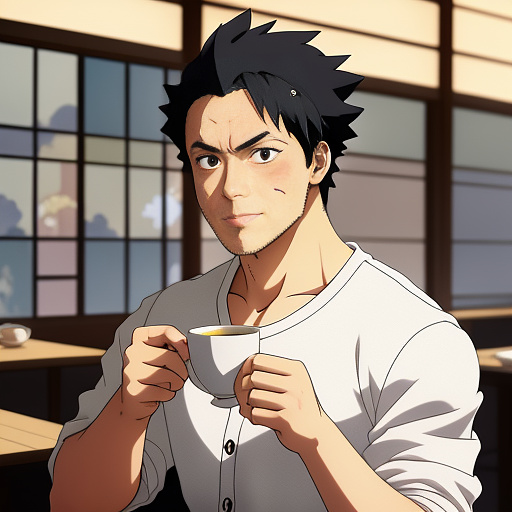 A strong man drinking tea in anime style