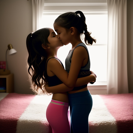 A romantic moment between a childhood couple in a cozy bedroom. the 11-year-old sexy hot girl, wearing a light, stylish bras and yoga pants, shares a gentle kiss with her 11-year-old boyfriend.  in custom style