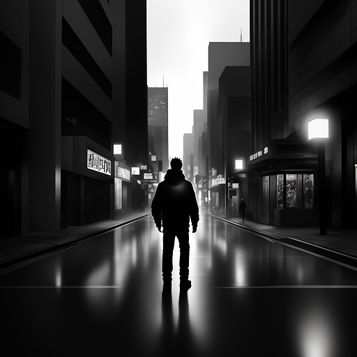 Man walking in a apocalyptic city black and white 4 k 318 dpi made for laser engraving  in anime style