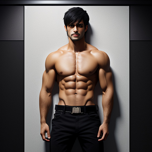 Handsome spanish guy named rodrigo, athletic skinny, short black hair, buzz haircut, shirtless, six pack abs, hands above his head, tied to the wall, black pants and belt, restrained. in anime style