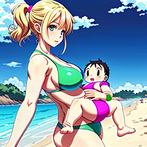 Curvy woman in bathing suit carrying a child (boy), from front, full body, in anime style