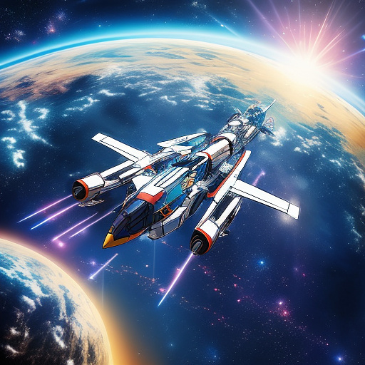 A cheerful transformer flies through space against the backdrop of planets. in anime style