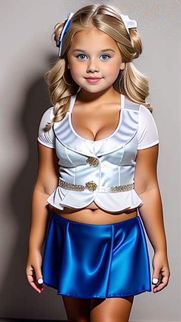 Chubby white blond 6 year old girl showing lots of cleavage, mini skirt  in custom style
