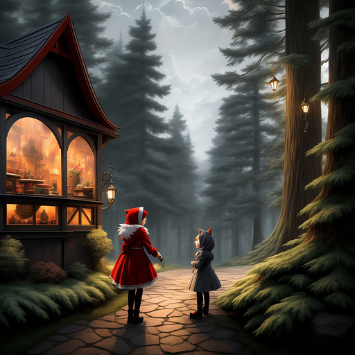 Little red riding hood
talking with an anthropomorphic grey wolf man in anime style