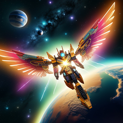 A cheerful transformer flies through space against the backdrop of planets. in angelcore style