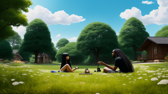 Three black men, long haired with long sharp pointy nails sitting on the grass in a meadow in front of their cabin, one of the brothers nails are 3 inches in anime style