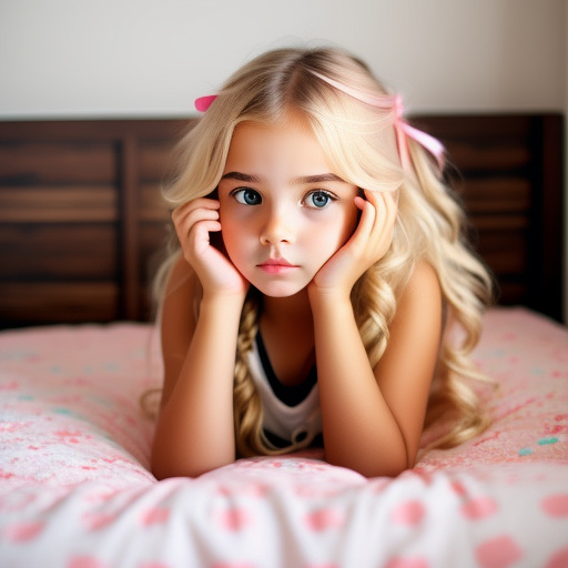Image of a person girl cute bed lying looking frustrated  in custom style