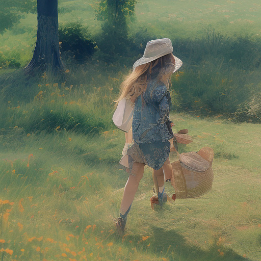 A girl is skipping across a sunny lawn. she has a basket in her hands and a hat on her head. in custom style
