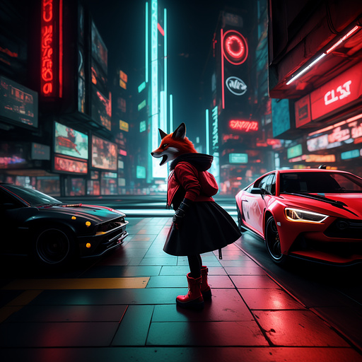 Anthropomorphic fox as little red riding hood in cyberpunk style