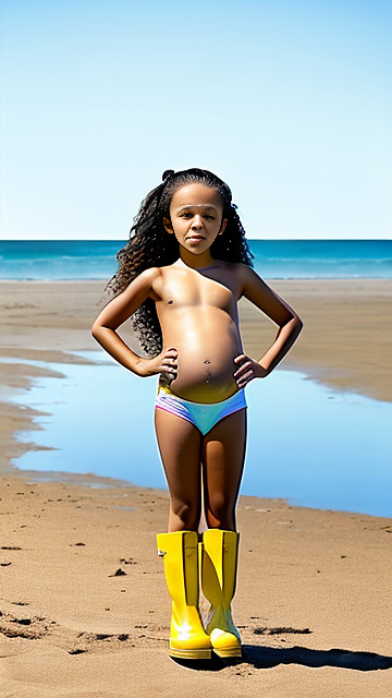 7 years old, pregnant, jenna ortega, yellow boots, beach, nude  in custom style
