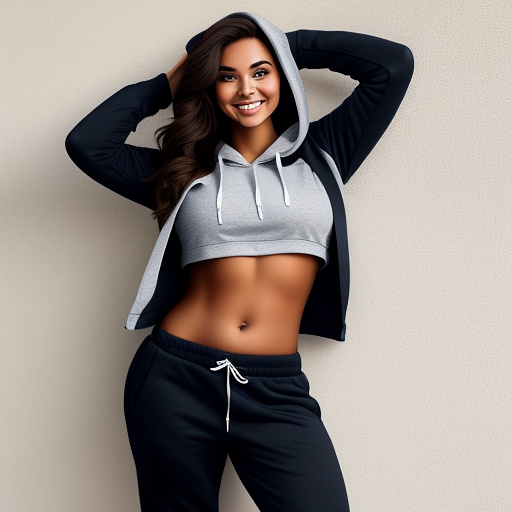 Curvy brunette college student with her arms up in a loose long sleeve cropped hoodie and long sweatpants pants and showing her belly and full body portrait  in custom style
