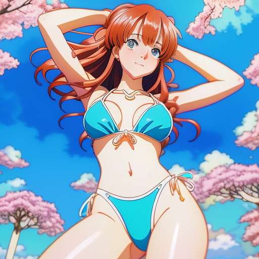 In between the legs of a girl in a bikini
 in anime style