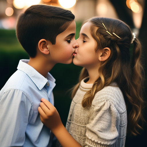 A wholesome romantic scene of a 11-year-old european couple kissing, the girl holding her phone casually, natural skin tones, realistic photography style. in custom style