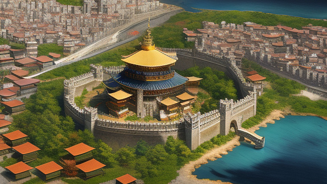 3d constantinople and its surrounding walls along with a chain that was made on a golden horn
, high detailed, cool colors, overhead view angle in anime style