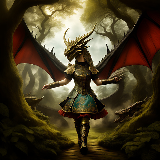 Female warrior standing in front of a dragon surrounded by a magical forest in rococo style