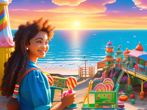 A woman at seaside watching the sunset in kids painted style