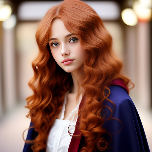A young woman with high cheekbones. almond shaped amber eyes, long red-gold curly hair. she wears a patchwork cloak and is pale skinned in anime style
