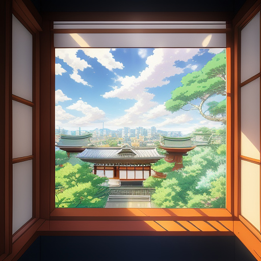 A window through which sunlight comes in in anime style