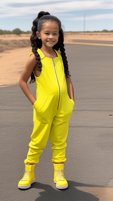 7-years-old, jenna ortega, pregnant, yellow jumpsuit, yellow boots, standing in custom style