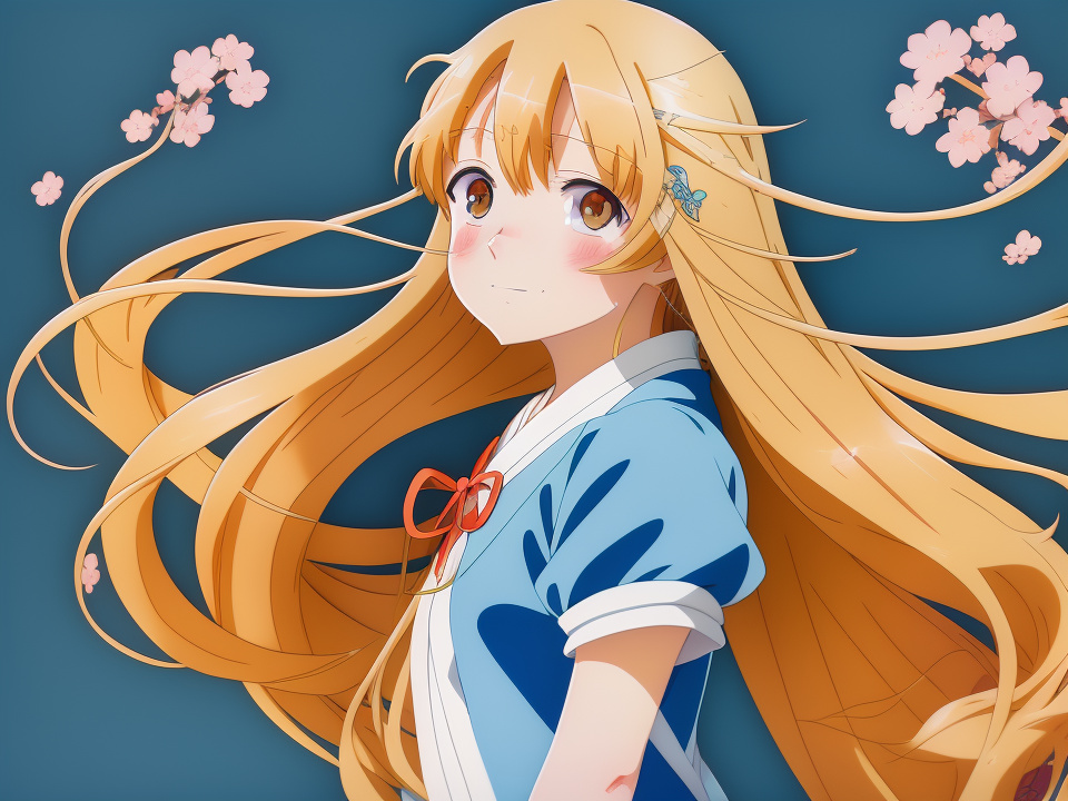 A kind blond long hair 10-year old girl in anime style