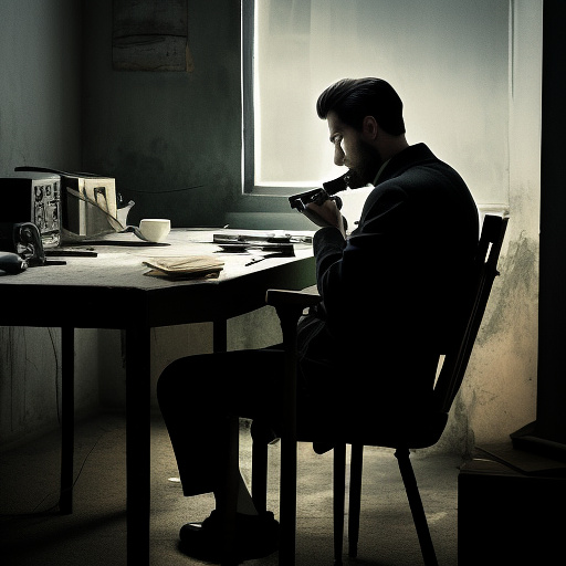 In a dark room, there is a telephone and a gun on the table. a man is sitting on a chair, and he is dead. in custom style
