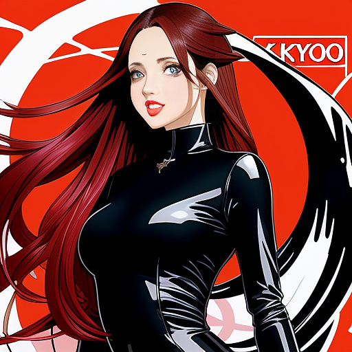 A sexy woman in a tight bodysuit with red eyes, long black hair, exquisite earrings, open bright red lips and a long tongue that is full of saliva in anime style