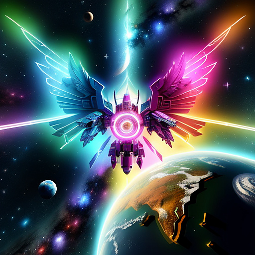 A cheerful transformer flies through space against the backdrop of planets. in angelcore style
