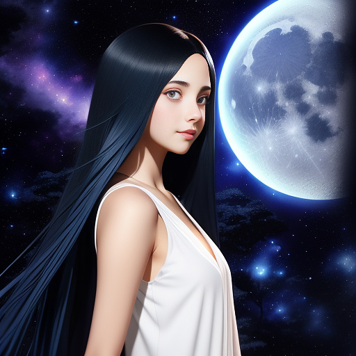 A girl with long dark blue hair and purple eyes, wearing a black and blue knee-length dress that is full of galactic patterns. the background is a photo of the moon, stars, and night. in anime style
