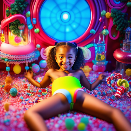 Sexy 11-year-old girl with no panties on spreading legs slightly on bed in kids painted style