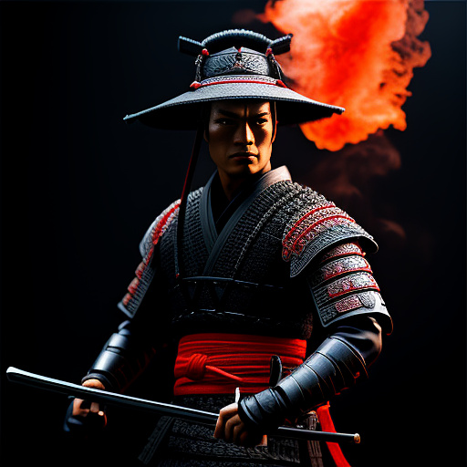 Samurai with ronin straw hat flaming katana in sci-fi style