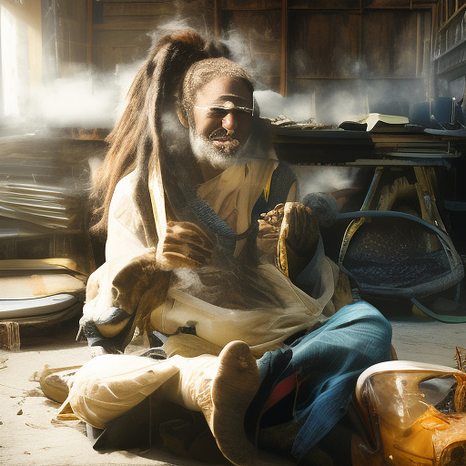 A black rastafarian is sitting on a worktable, smiling happily and smoking. the room is smoky. in custom style