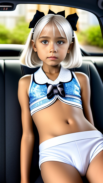 A thin blonde 9 years old in a school uniform and white children's panties, with short white hair, she languidly lies in the car in the back seat, her legs are spread apart, bows on her head in disney painted style